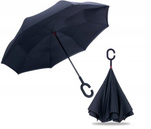 Windproof Double Layer Black Inverted Umbrella, Self Stand Upside-Down Rain Protection Car Reverse Umbrellas with C-Shaped Handle