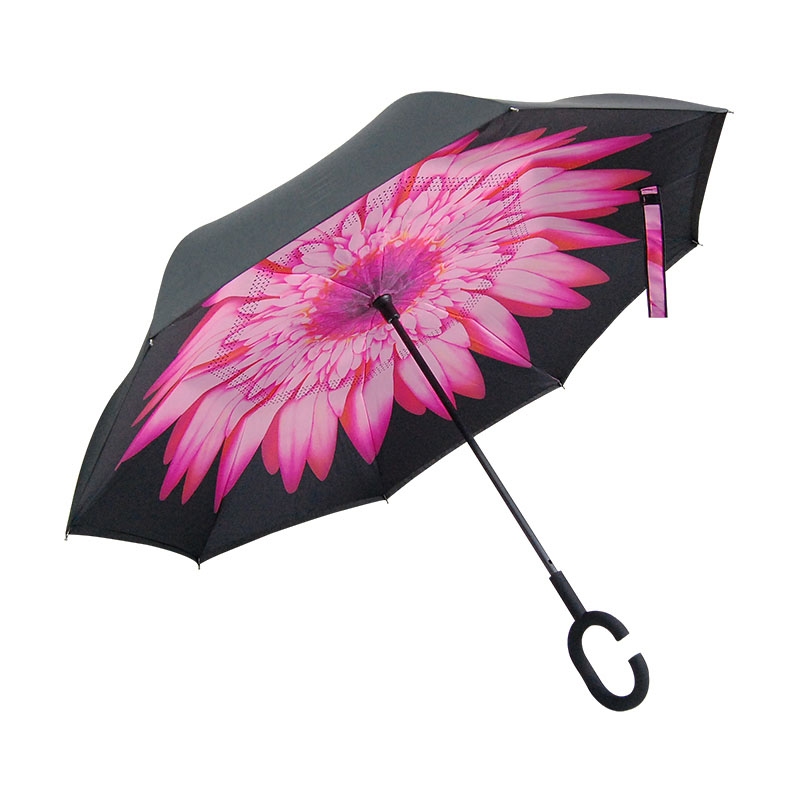 Pink Chrysanthemum flower Stock Custom Double Layer Inside Out C Shape Handle inverted Reverse Umbrella