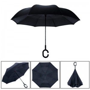 Windproof Double Layer Black Inverted Umbrella, Self Stand Upside-Down Rain Protection Car Reverse Umbrellas with C-Shaped Handle