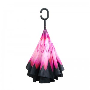 Pink Chrysanthemum flower Stock Custom Double Layer Inside Out C Shape Handle inverted Reverse Umbrella