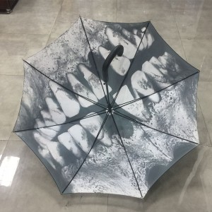 2019 unique design Auto open 190T black polyester fabric sunny and rainy straight umbrella with Skull teeth printing for Christmas gift