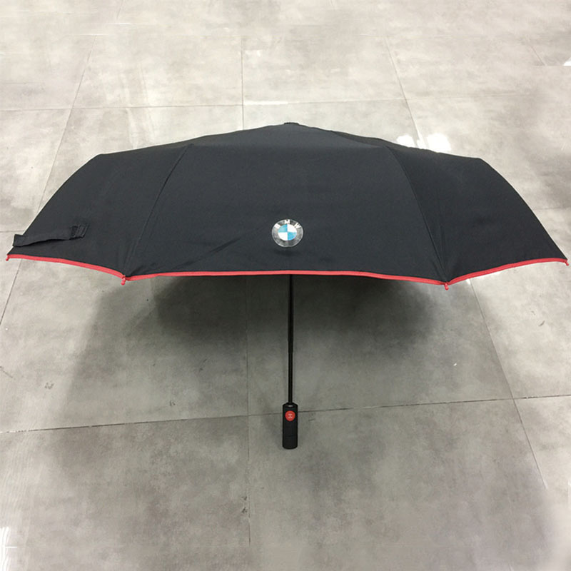 Fully automatic open windproof travel folding umbrella for BMW Car brand Portable Lightweight Umbrella Men’s Ladies with plastic wheel handle (Red fibergalss frame)