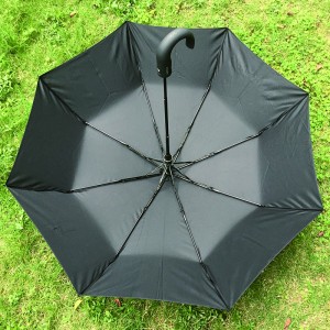 Senior Umbrella J Handle Wind Resistant Black 3 Folding Rain Umbrella for Business Occasion