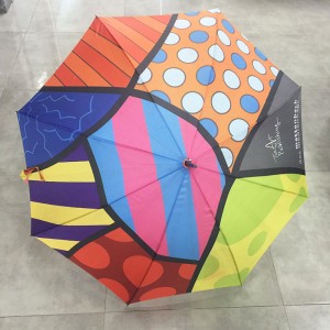 High quality Anti-UV sun protection Auto open custom Fashion Colorful printing design windproof waterproof straight umbrella with J wooden handle