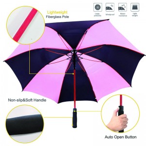 New design 190T pongee(Pink and black) auto open double canopy vented extra large golf umbrella with red fiberglass frame and shaft