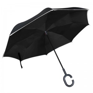 Reverse umbrella with reflective stripe bright in night with C-Shaped Handle;Umgekehrter Regenschirm