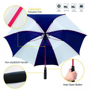 Automatic open white/blue double layers large golf umbrella windproof waterproof red fiberglass umbrella for men women