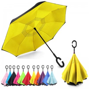 Reversible Umbrella Dual Layer Yellow Inverted Umbrella, Self-Stand & C-Shape Hook to Free Hands, Reverse Inside Out Folding for Car Driver & Passenger, with Carrying Sleeve