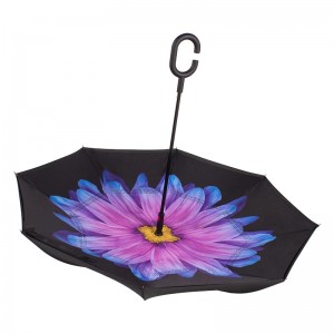 Stock Custom Double Layer Inside Out C Shape Handle Flower  inverted/ Reverse Umbrella