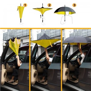 Reversible Umbrella Dual Layer Yellow Inverted Umbrella, Self-Stand & C-Shape Hook to Free Hands, Reverse Inside Out Folding for Car Driver & Passenger, with Carrying Sleeve