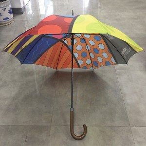 High quality Anti-UV sun protection Auto open custom Fashion Colorful printing design windproof waterproof straight umbrella with J wooden handle