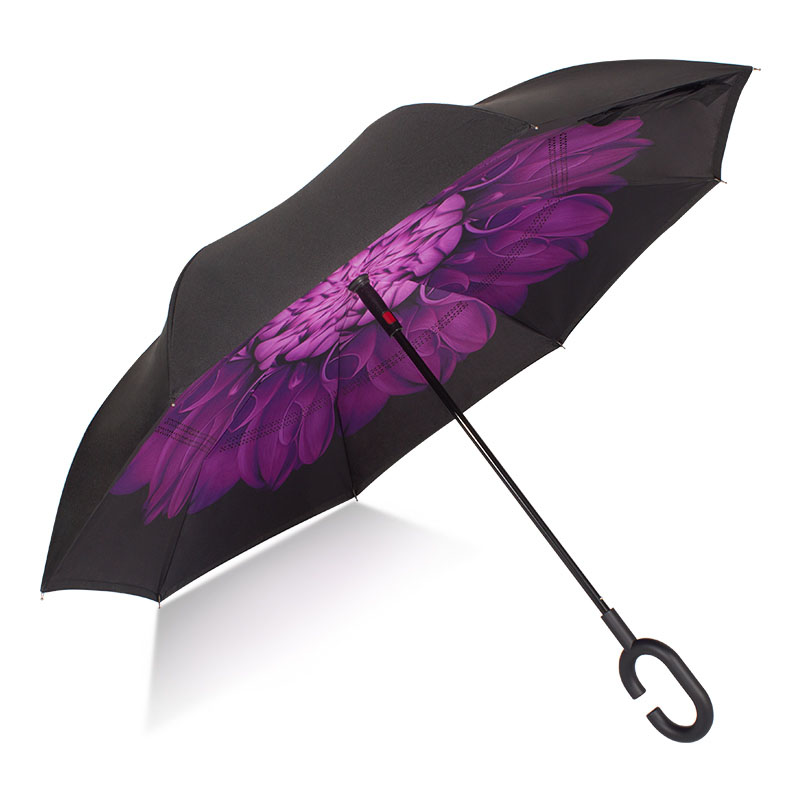 Purple Chrysanthemum flower Stock Custom Double Layer Inside Out C Shape Handle inverted Reverse Umbrella