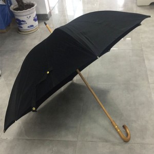 High quality large size double ribs wooden shaft straight umbrella with curved wooden handle Black cotton canopy Parasol Umbrella Factory price direct