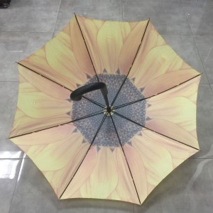 Hot selling cheap custom full color printing nice design straight sunflower umbrella for women in manual wood handle