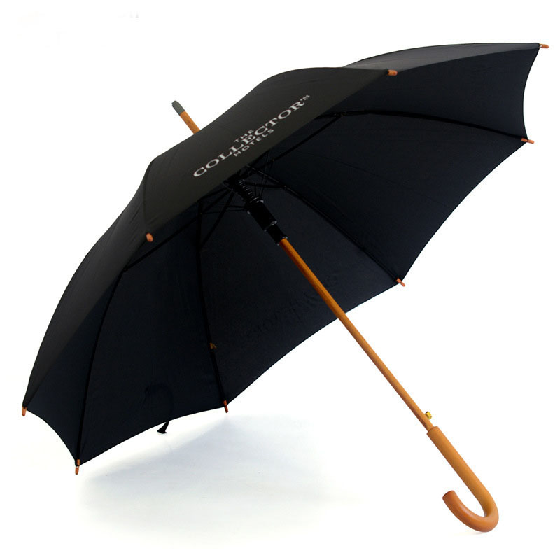 Black-Automatic-Umbrella-WOODEN-Crook-Handle