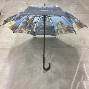 City building printing umbrella Famous castle printing straight umbrella with J wooden handle