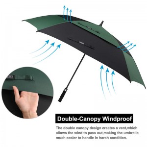 Top quality 62” windproof auto open custom double layers fiberglass large square golf umbrella from China(Green/black)