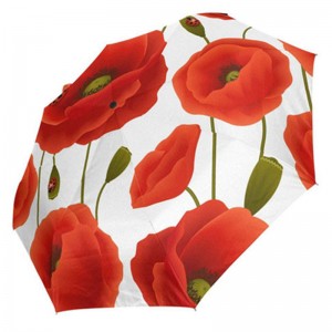 Folding Automatic Red Poppy Flower Ladybug design 3 Folds Auto Open Close Umbrella