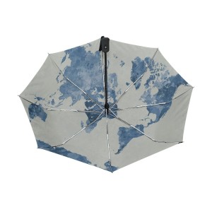 Factory wholesale custom Watercolor World Map 3 Folds Auto Open Close Umbrella