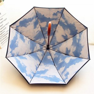 Auto open custom logo printed 2 layers wooden handle creative blue sky white cloud design straight umbrella from china suppliers for sale