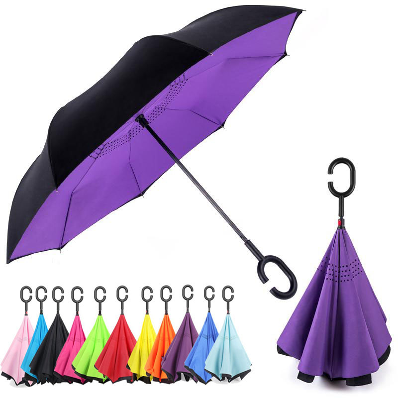 2019 Hot Selling New Products Stock Custom Double Layer Inside Out C Shape Handle inverted Reverse Umbrella