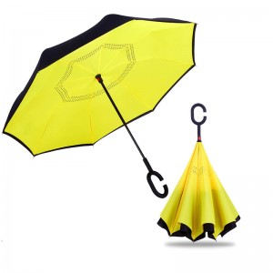 Reversible Umbrella Dual Layer Yellow Inverted Umbrella, Self-Stand & C-Shape Hook to Free Hands, Reverse Inside Out Folding for Car Driver & Passenger, with Carrying Sleeve