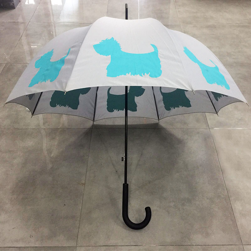 Hot selling cheap Apollo shape dog printing custom windproof rain/sun pongee fabric straight umbrella for wholesale (fibergalss ribs)