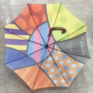High quality Anti-UV sun protection Auto open custom Fashion Colorful printing design windproof waterproof straight umbrella with J wooden handle
