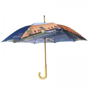 wholesale Top quality Automatic Advertising Creative Design Custom colorful Printing Stick Umbrella with wooden handle