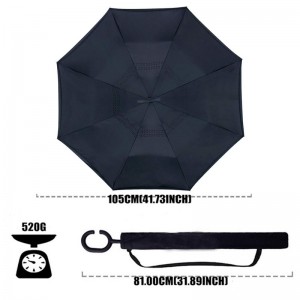 Windproof Double Layer Black Inverted Umbrella, Self Stand Upside-Down Rain Protection Car Reverse Umbrellas with C-Shaped Handle