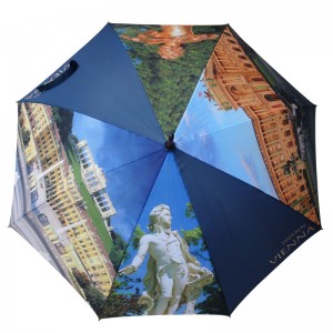 wholesale Top quality Automatic Advertising Creative Design Custom colorful Printing Stick Umbrella with wooden handle