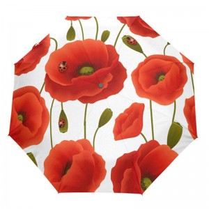 Folding Automatic Red Poppy Flower Ladybug design 3 Folds Auto Open Close Umbrella