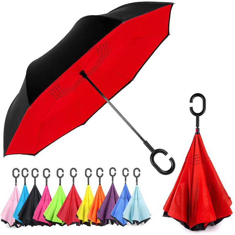 Double Layer Inverted Umbrella with C-Shaped Handle,Windproof Straight Umbrella for Car Rain Outdoor