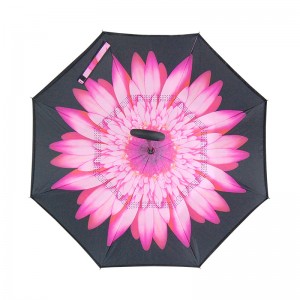 Pink Chrysanthemum flower Stock Custom Double Layer Inside Out C Shape Handle inverted Reverse Umbrella