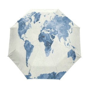 Factory wholesale custom Watercolor World Map 3 Folds Auto Open Close Umbrella