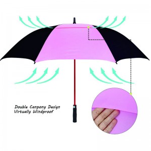 New design 190T pongee(Pink and black) auto open double canopy vented extra large golf umbrella with red fiberglass frame and shaft