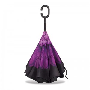 Purple Chrysanthemum flower Stock Custom Double Layer Inside Out C Shape Handle inverted Reverse Umbrella