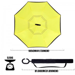 Reversible Umbrella Dual Layer Yellow Inverted Umbrella, Self-Stand & C-Shape Hook to Free Hands, Reverse Inside Out Folding for Car Driver & Passenger, with Carrying Sleeve