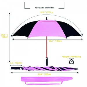 New design 190T pongee(Pink and black) auto open double canopy vented extra large golf umbrella with red fiberglass frame and shaft