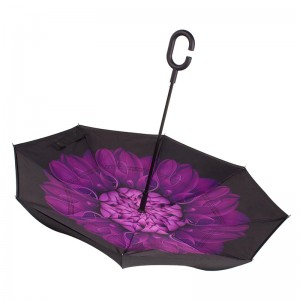 Purple Chrysanthemum flower Stock Custom Double Layer Inside Out C Shape Handle inverted Reverse Umbrella