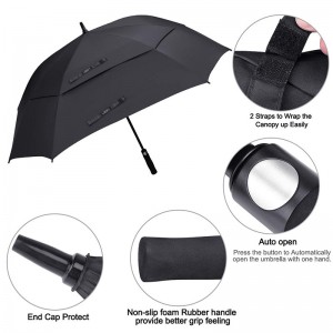 Wholesale high quality 62 Inch Arc Black pongee fabric Custom windproof Vented Square Golf Umbrella double canopy