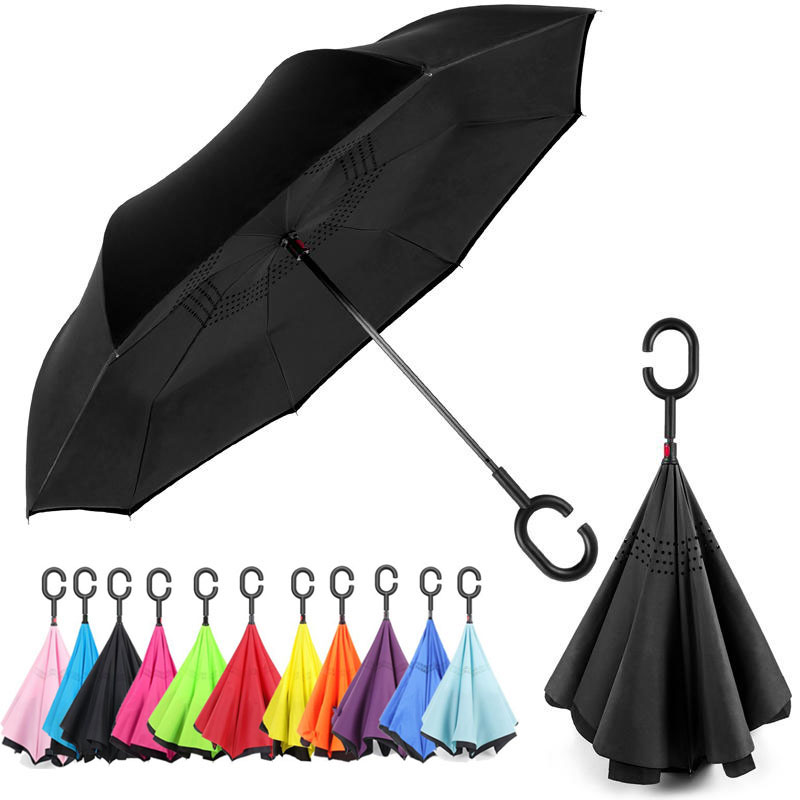 Windproof Double Layer Black Inverted Umbrella, Self Stand Upside-Down Rain Protection Car Reverse Umbrellas with C-Shaped Handle