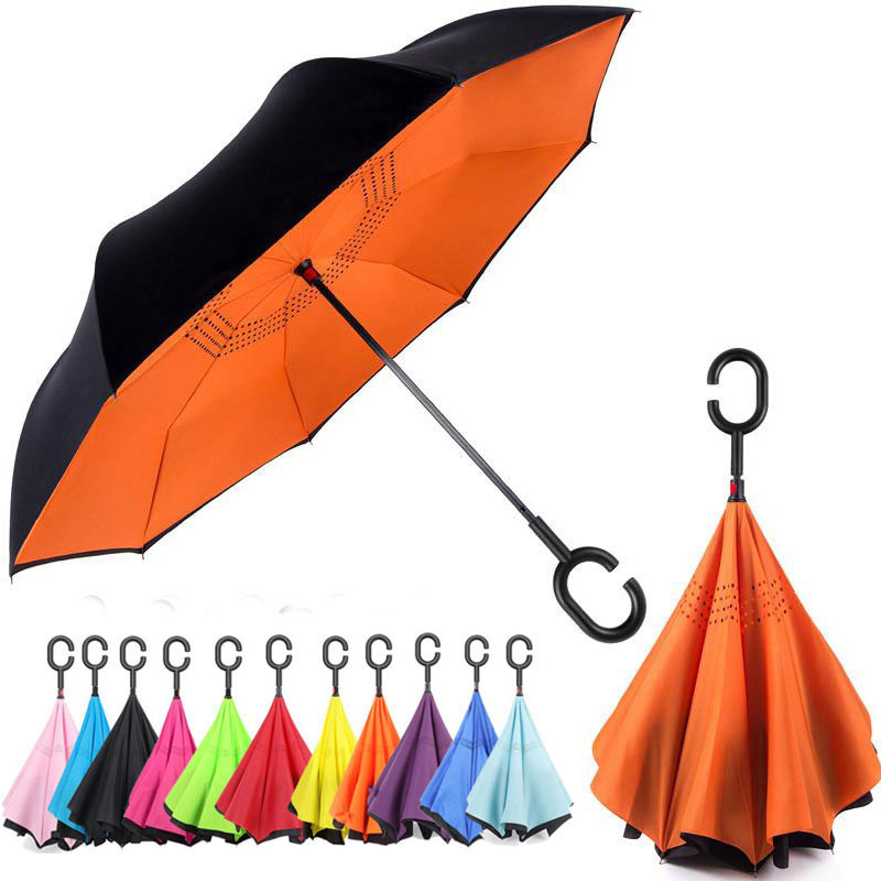 Inverted Umbrella, Self-Stand & C-Shape Hook to Free Hands, Reverse Inside Out Folding for Car Driver & Passenger