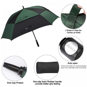 Top quality 62” windproof auto open custom double layers fiberglass large square golf umbrella from China(Green/black)