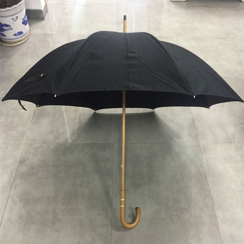 High quality large size double ribs wooden shaft straight umbrella with curved wooden handle Black cotton canopy Parasol Umbrella Factory price direct