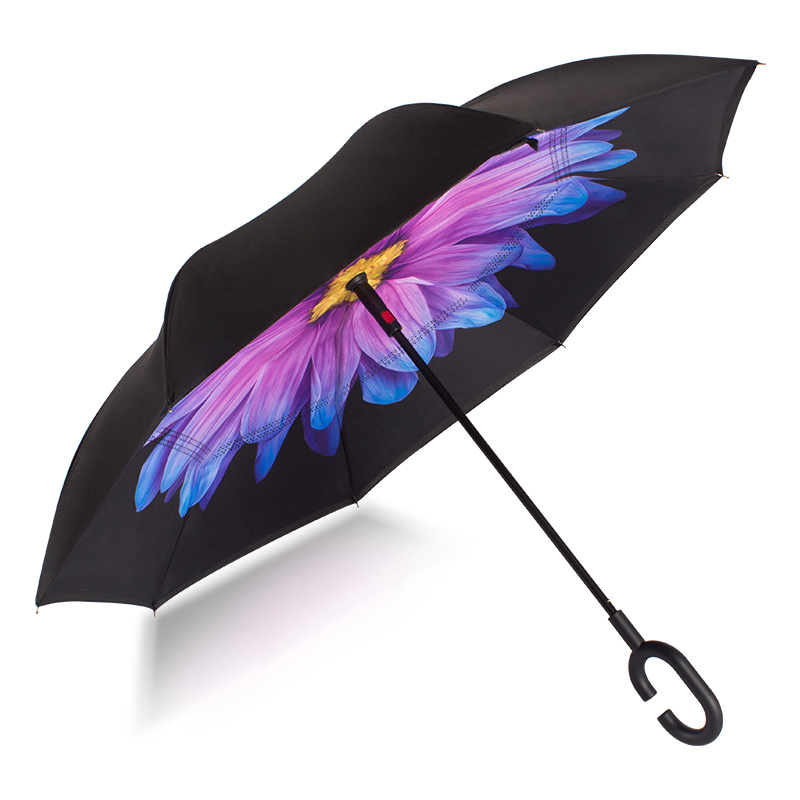 Stock Custom Double Layer Inside Out C Shape Handle Flower  inverted/ Reverse Umbrella