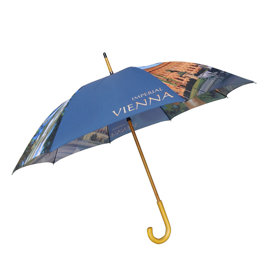 wholesale Top quality Automatic Advertising Creative Design Custom colorful Printing Stick Umbrella with wooden handle