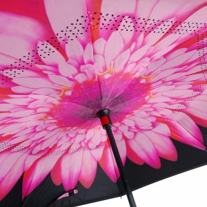 Pink Chrysanthemum flower Stock Custom Double Layer Inside Out C Shape Handle inverted Reverse Umbrella