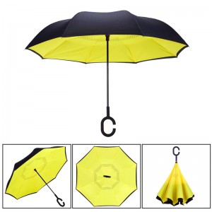 Reversible Umbrella Dual Layer Yellow Inverted Umbrella, Self-Stand & C-Shape Hook to Free Hands, Reverse Inside Out Folding for Car Driver & Passenger, with Carrying Sleeve