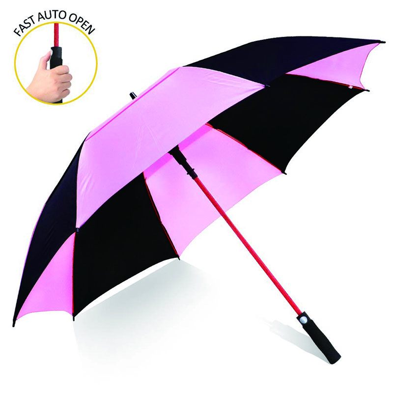 New design 190T pongee(Pink and black) auto open double canopy vented extra large golf umbrella with red fiberglass frame and shaft